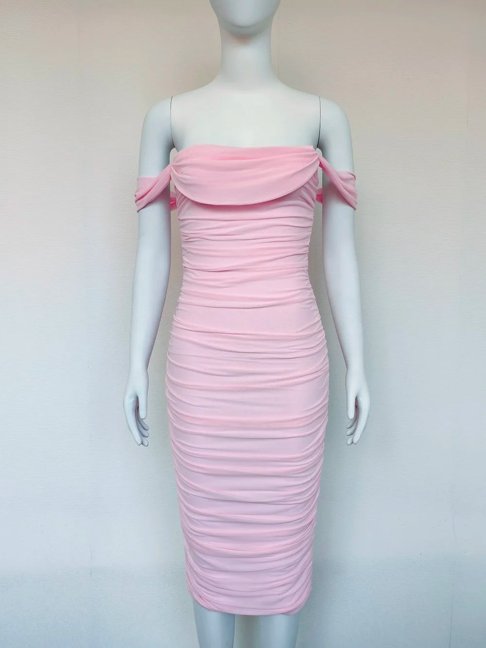 Draped Off-Shoulder Bodycon Dress with Side Split VestiVogue