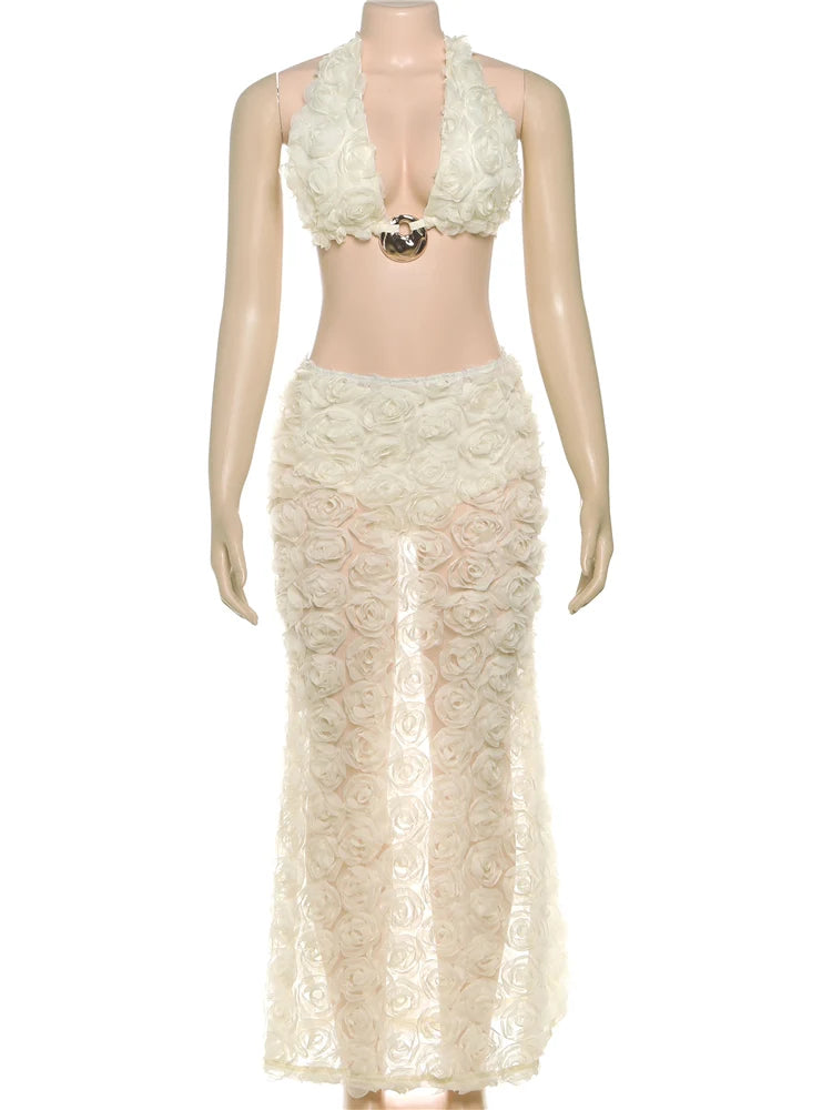 Chiffion Appliques 3 Piece Summer Vacation Set: Halter Top, Slim Shorts & Maxi Skirt VestiVogue