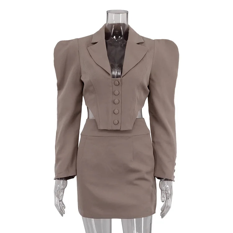 Mini Skirt Suit with Long Sleeve Lapel Top and Bodycon Fit VestiVogue Khaki S