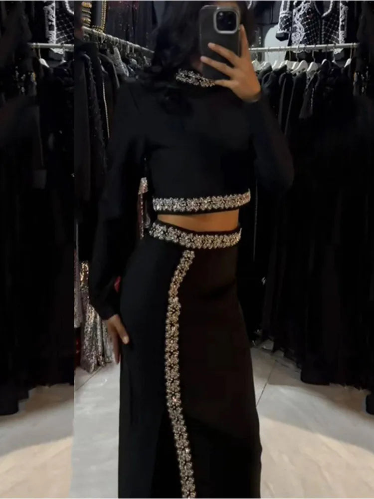 Chic Black Turtleneck Beaded Maxi Two-Piece Set VestiVogue