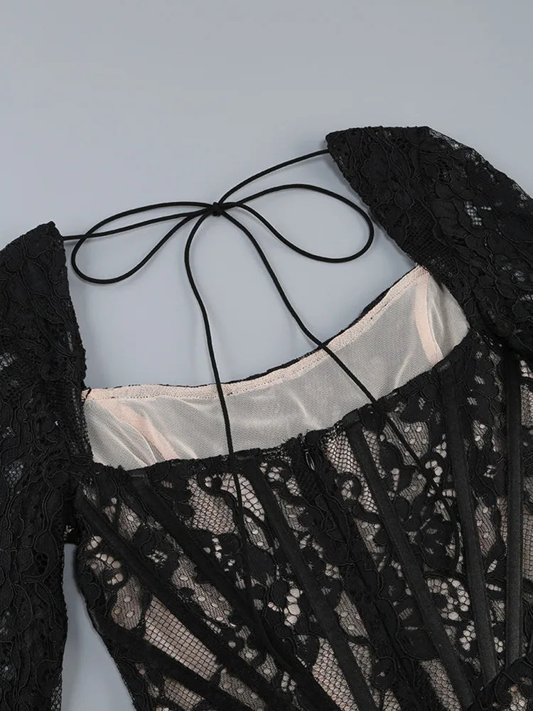 Elegant U Neck Black Lace Mini Bodycon Gown VestiVogue