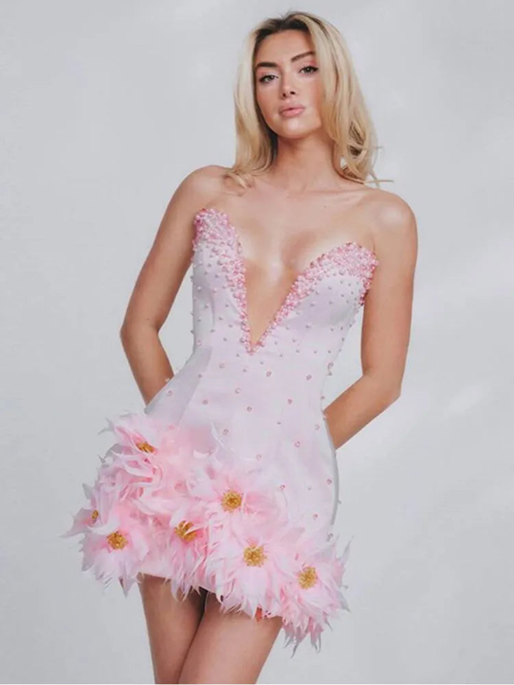 Strapless Backless White Beaded Floral Bodycon Mini Dress VestiVogue