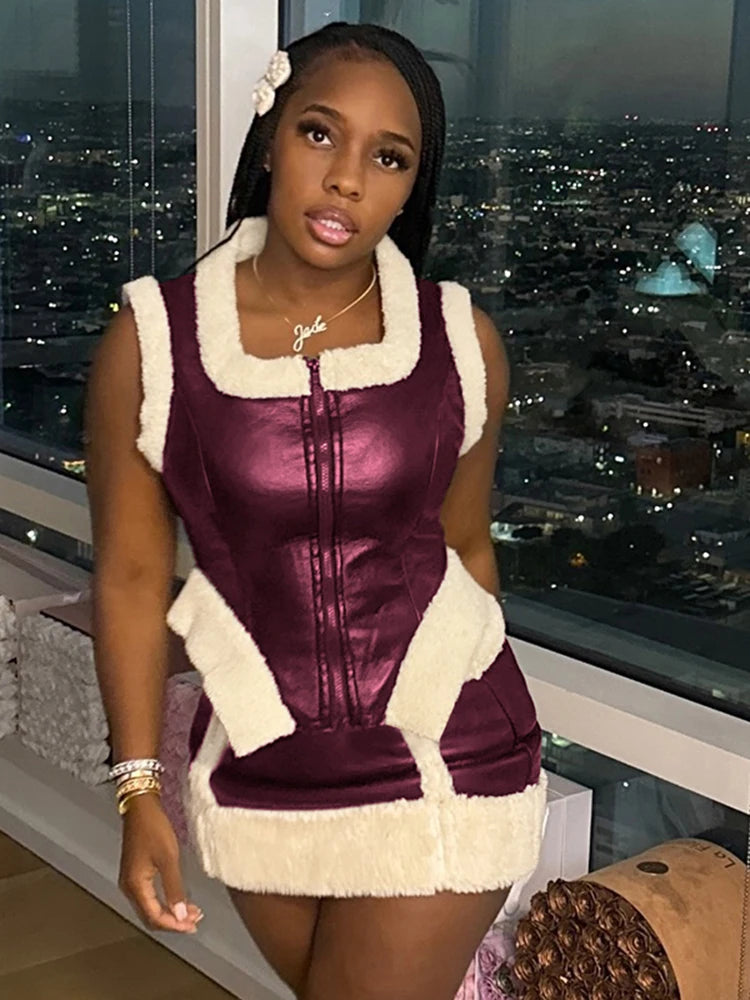 Chic Patchwork Two-Piece Set with Zip-Up Crop Top and High-Waisted Mini Skirt VestiVogue Claret L