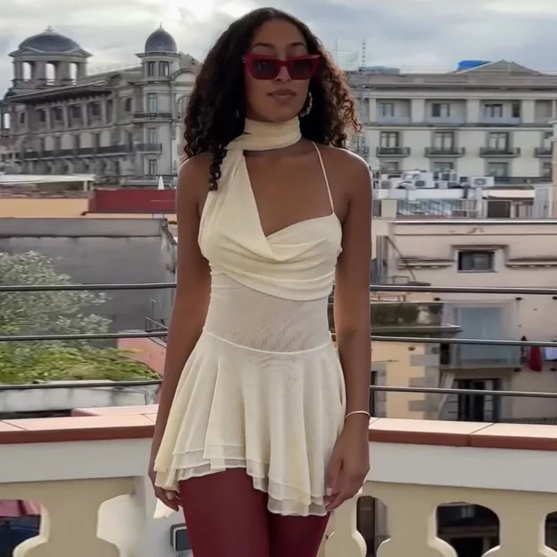 Halter Neck Mini Dress with Irregular Fold and Scarf VestiVogue