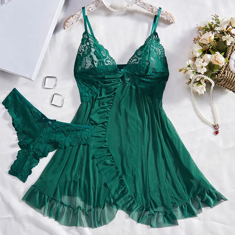 Elegant Lace Deep V Slip Dress & Thong Set VestiVogue 235green S