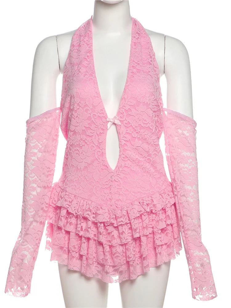 Backless Halter Bodysuit with Tiered Hem and Deep V-Neck VestiVogue