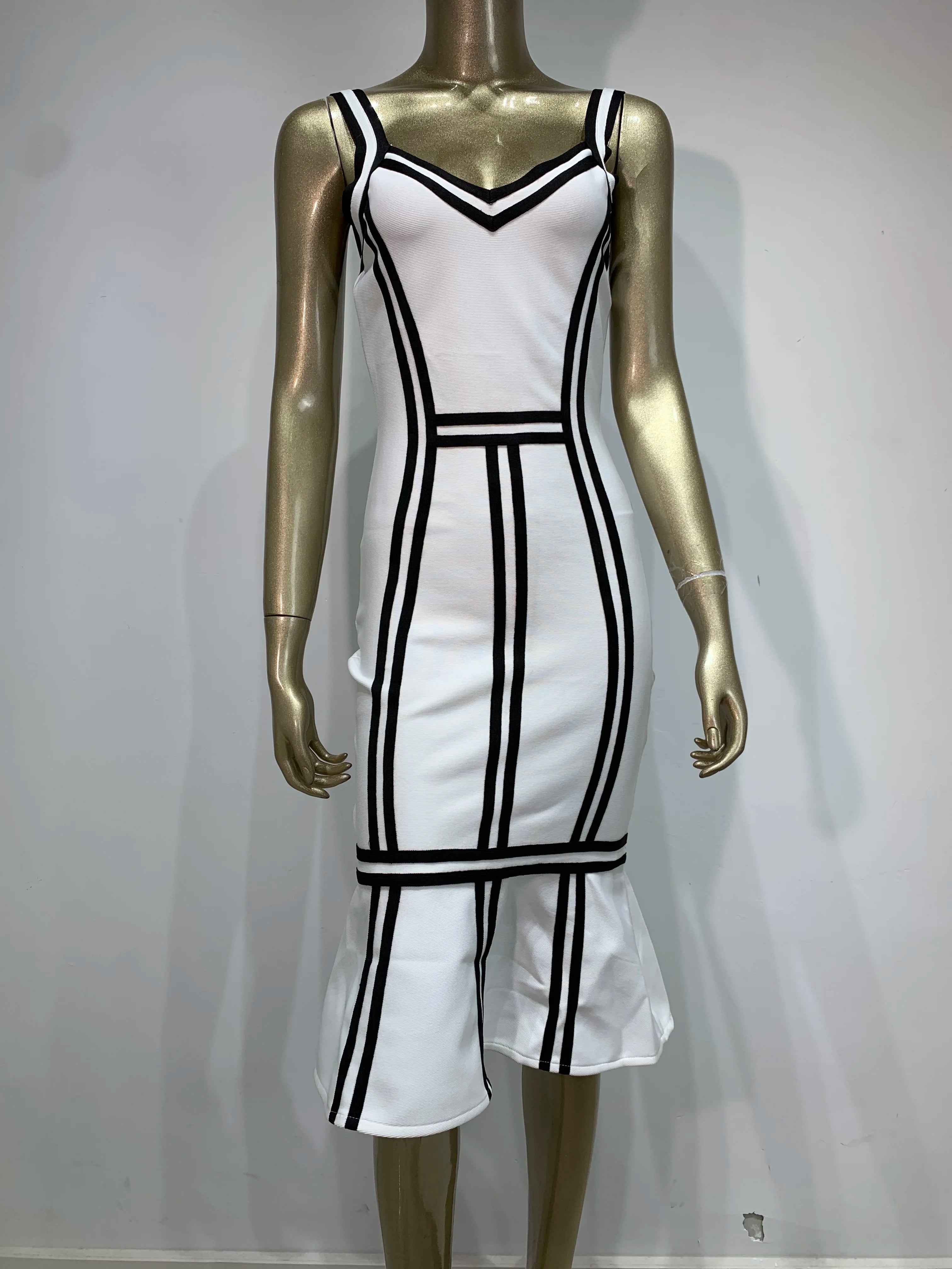 V Neck Striped Mermaid Midi Bodycon Dress VestiVogue