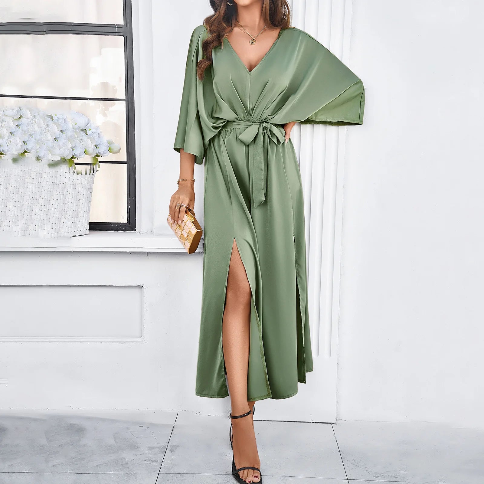 Elegant V-Neck Split Maxi Dress with Batwing Sleeves VestiVogue Green 1886 XL