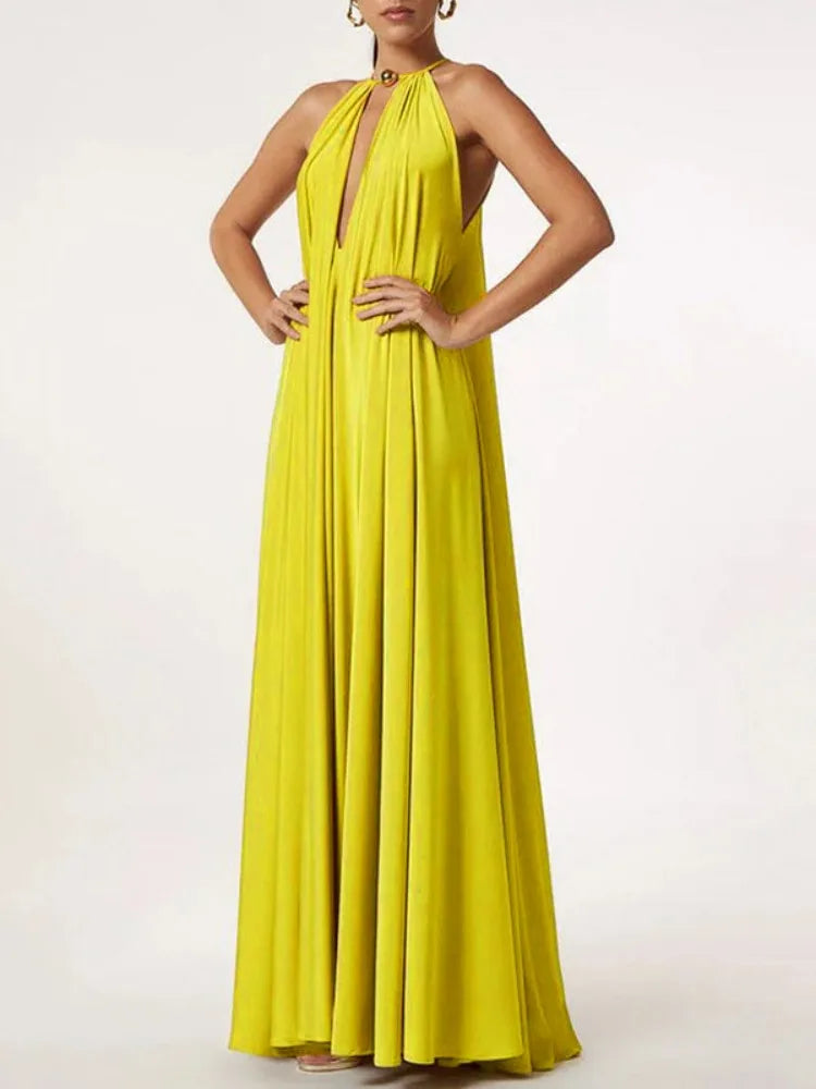 Vibrant Yellow Halter Neck Pleated Maxi Dress VestiVogue Yellow S