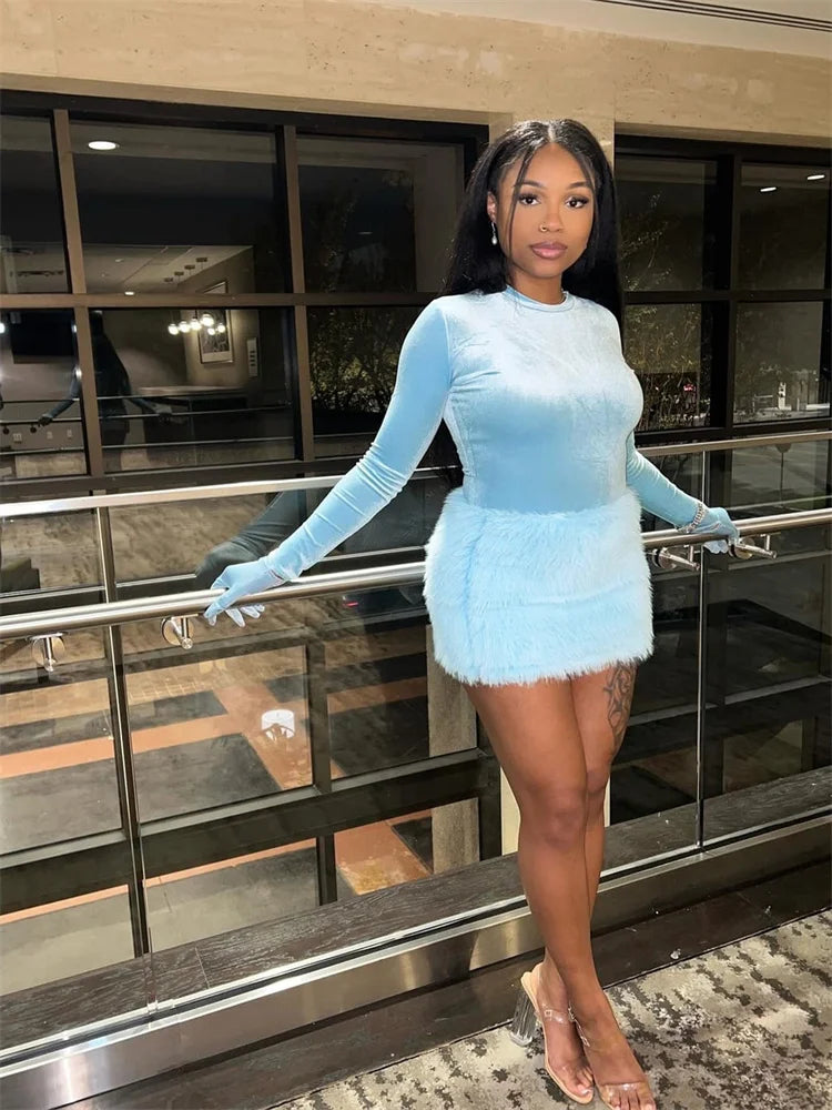 Chic O-Neck Bodysuit & Furry Mini Skirt Set VestiVogue Blue S