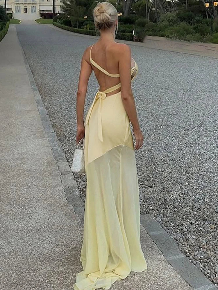 Elegant Backless Maxi Dress with Patchwork Detailing VestiVogue