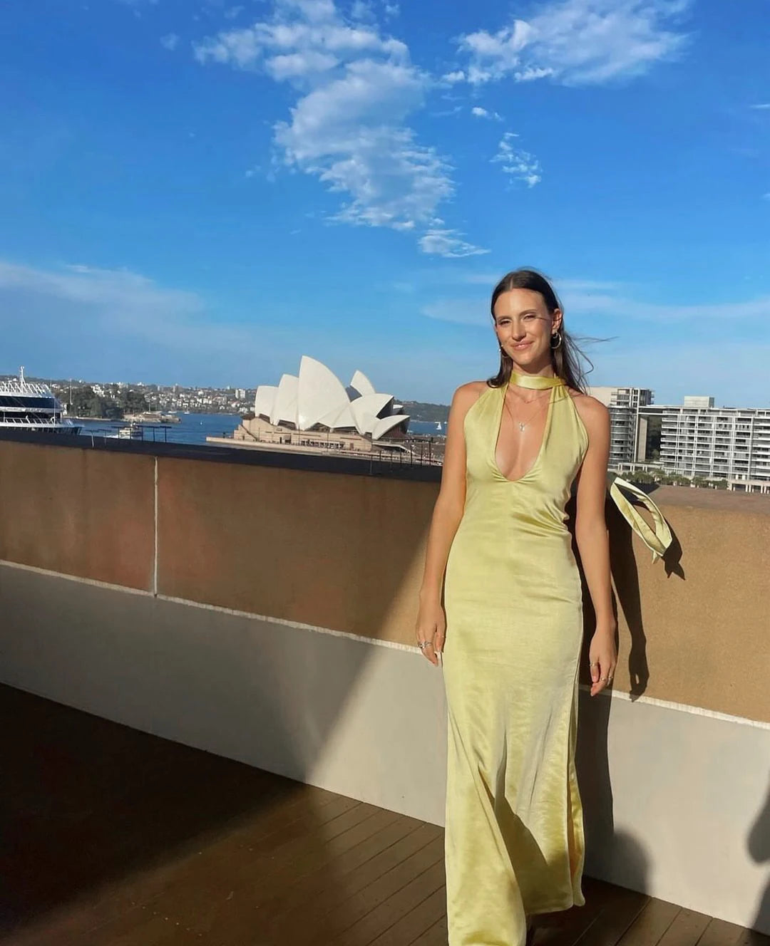 V-Neck Satin Open Back Evening Dress