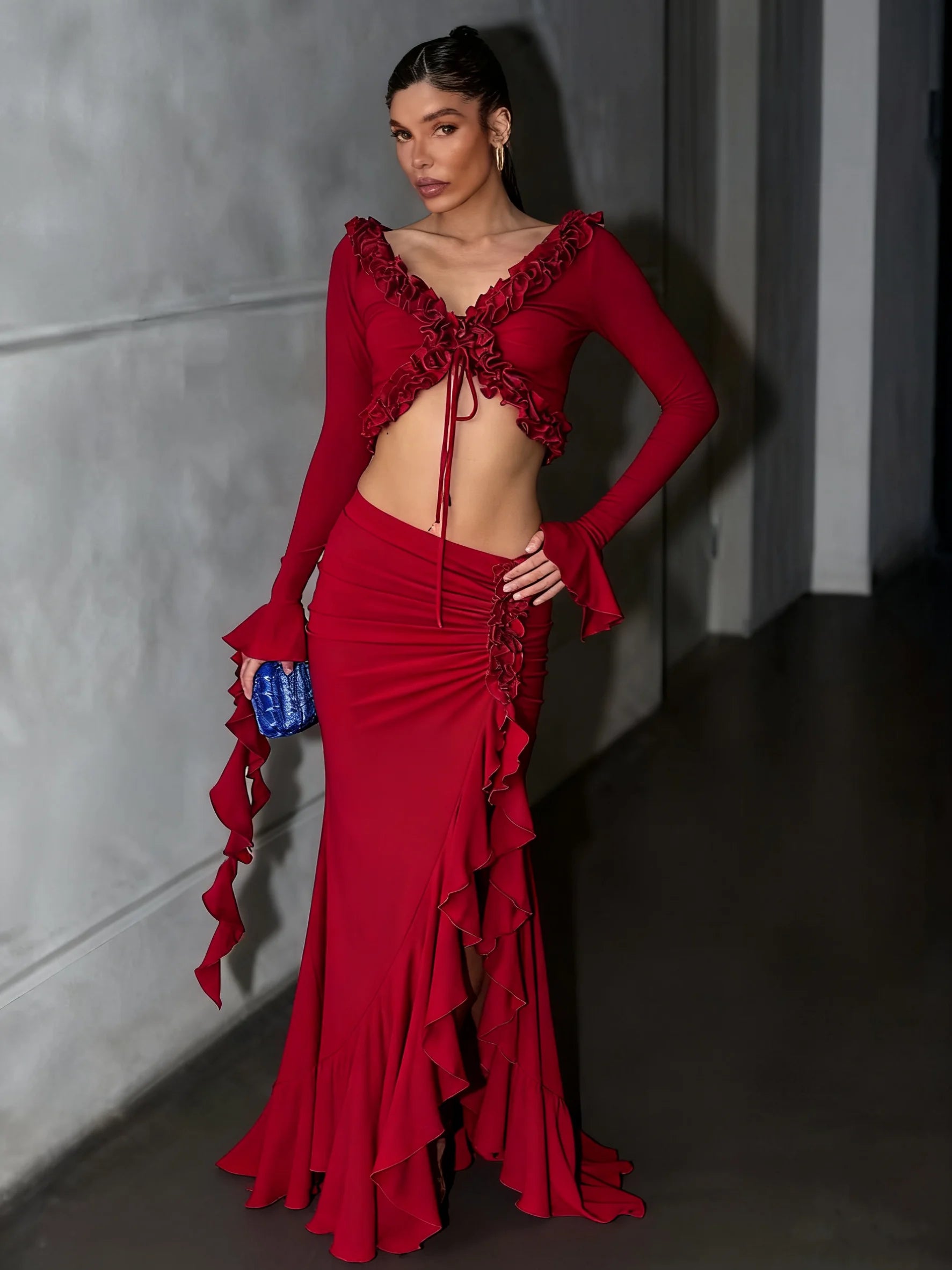 Ruched Lace Crop Top & Side Split Skirt Set VestiVogue