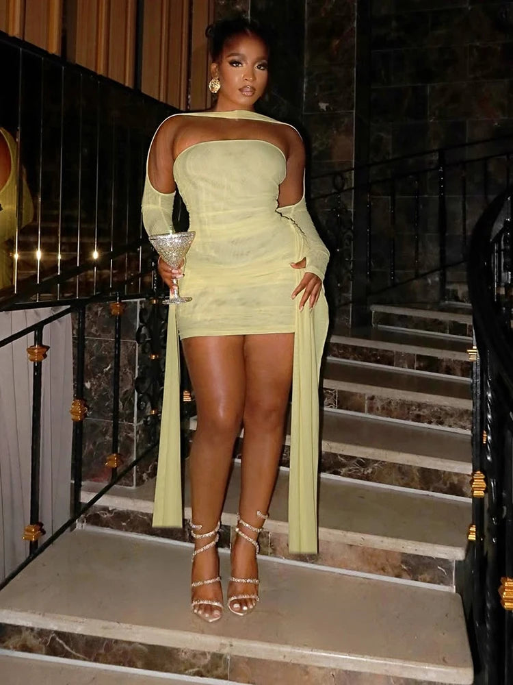 Strapless Tassel Mini Dress with Full Sleeve Gloves VestiVogue Yellow M