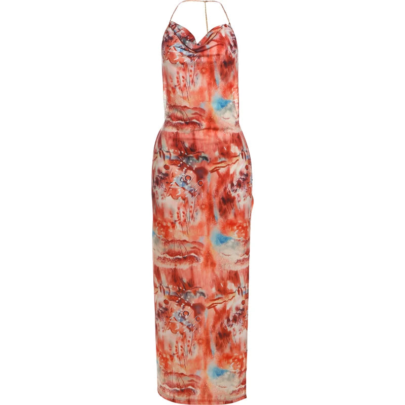 Floral Print Backless Halter Dress with Split Hem VestiVogue Orange L