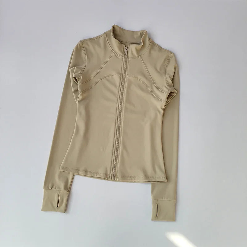 Slim Fit Quick-Dry Long Sleeved Zip-Up Yoga Jacket VestiVogue BKhaki L
