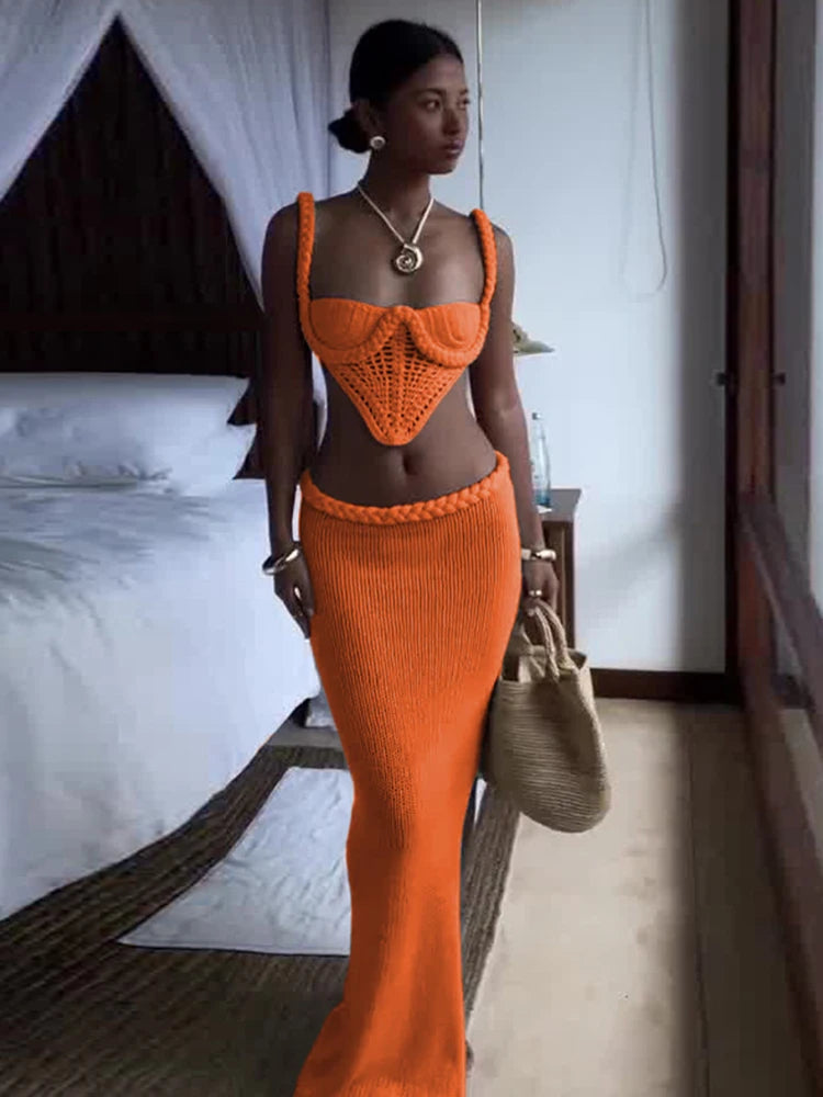 Crochet Backless Halter Top and Maxi Skirt Set VestiVogue