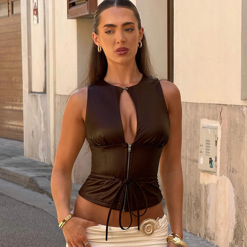 Hollow-Out Sleeveless Faux Leather Tank Top with Tie Waist VestiVogue