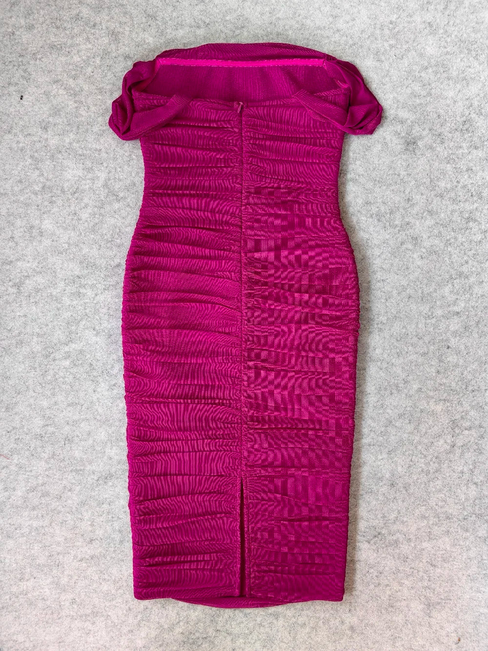 Draped Off-Shoulder Fuchsia Bandage Dress with Side Split VestiVogue