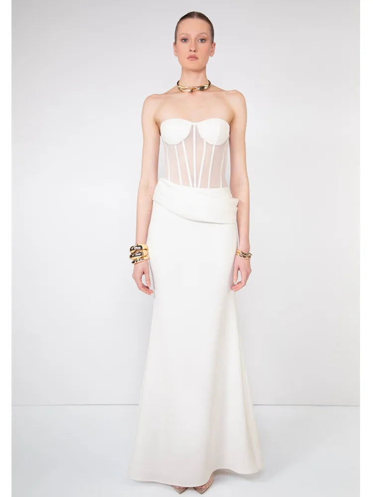 Strapless Mesh Maxi Skirt Set with Elegant Appliques VestiVogue