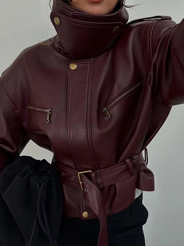 Burgundy Lace-Up Waist Cinching Leather Jacket with Stand Collar VestiVogue