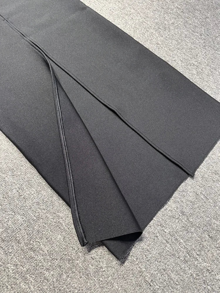 Backless Halter Bow Tie Black Midi Bodycon Dress VestiVogue