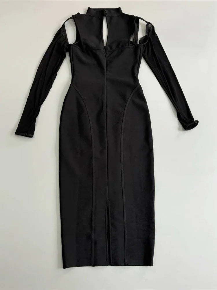 Halter Midi Bandage Dress with Mesh Sleeves and Hollow Out Design VestiVogue