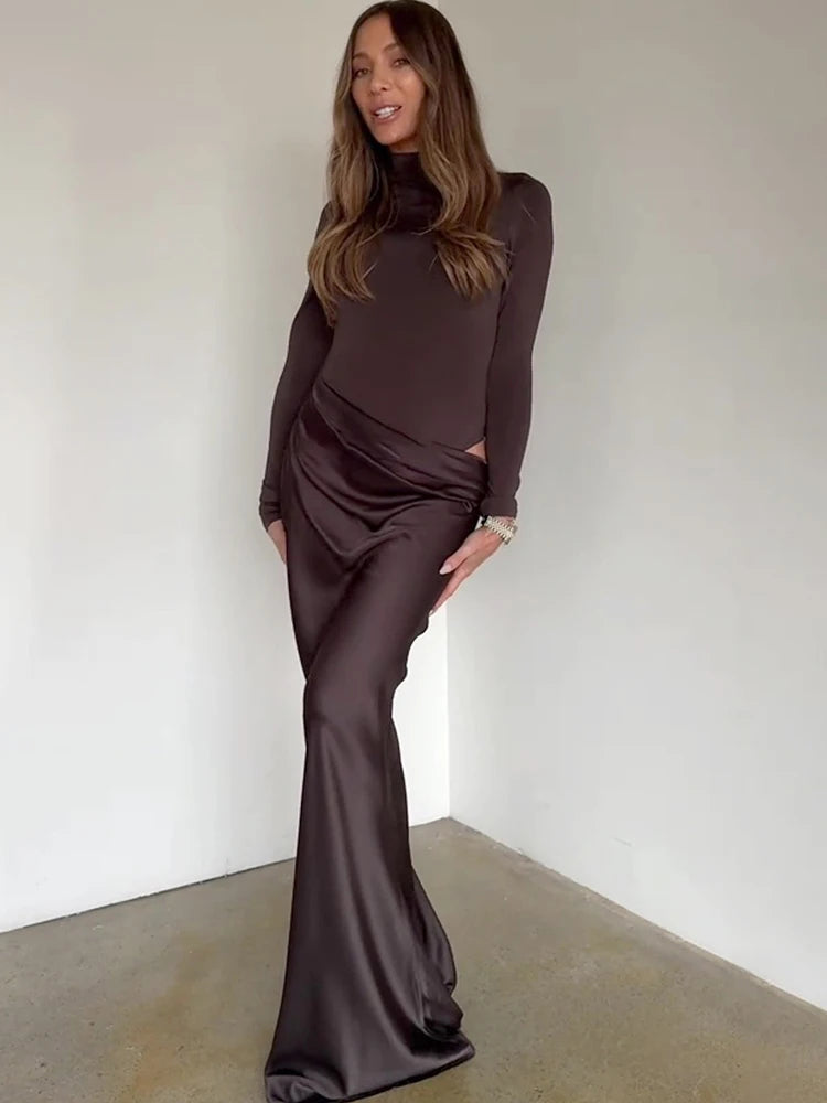 Elegant Black Satin Hollow-Out Maxi Dress with High Waist VestiVogue Brown Long Sleeve L