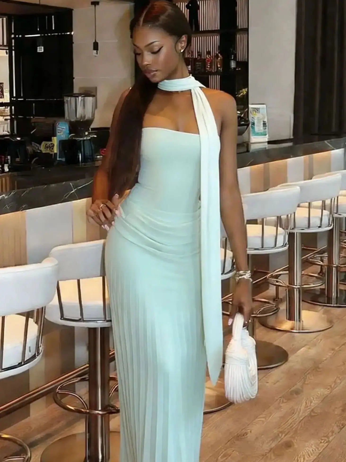 Backless Mesh Patchwork Bodycon Dress with Silk Scarf VestiVogue