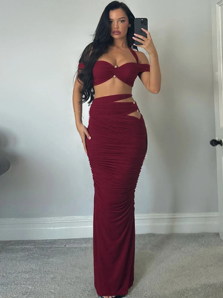 Halter One-Shoulder Mini Top & Hollow Long Skirt Set VestiVogue Claret L
