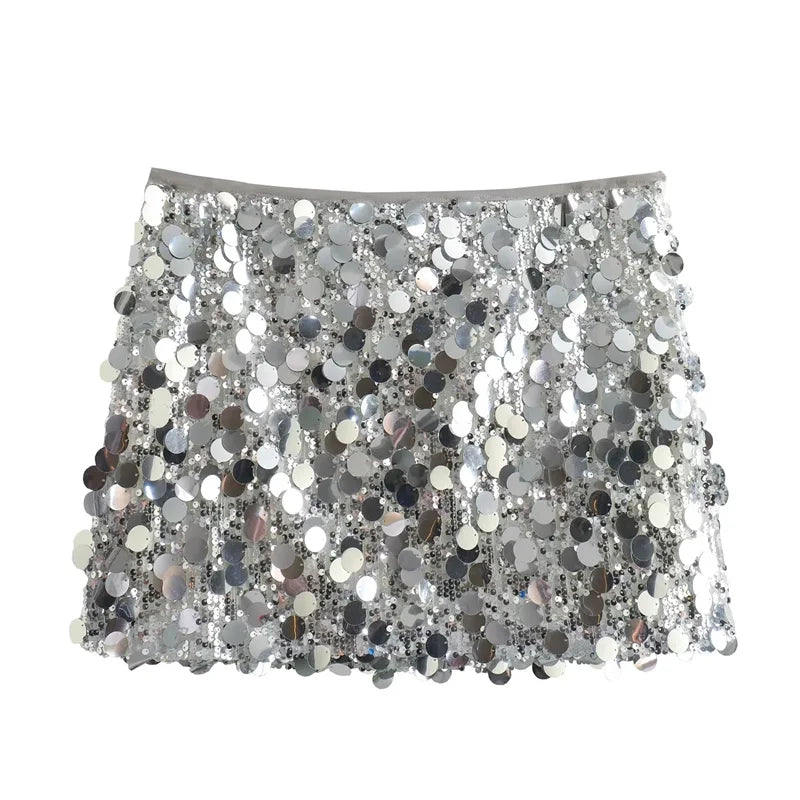 Silver Sequin High Waist Mini Skirt VestiVogue M Silver