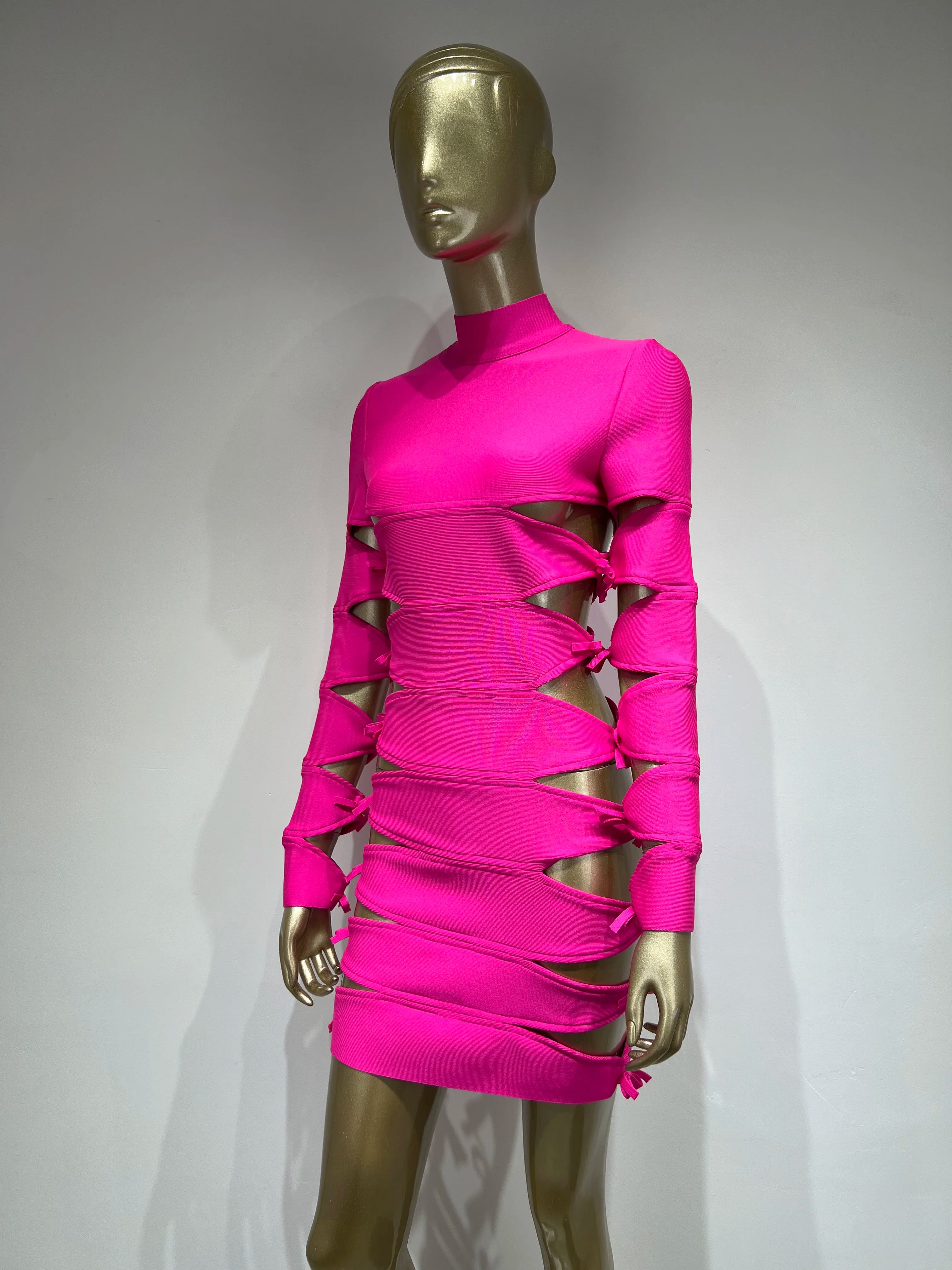 Elegant Pink Bow Tie Mini Bandage Dress with Hollow-Out Detail VestiVogue