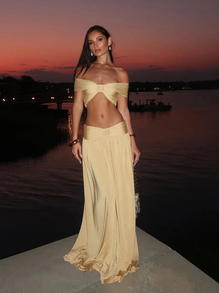 Elegant Off-Shoulder Backless Crop Top & A-Line Skirt Set VestiVogue