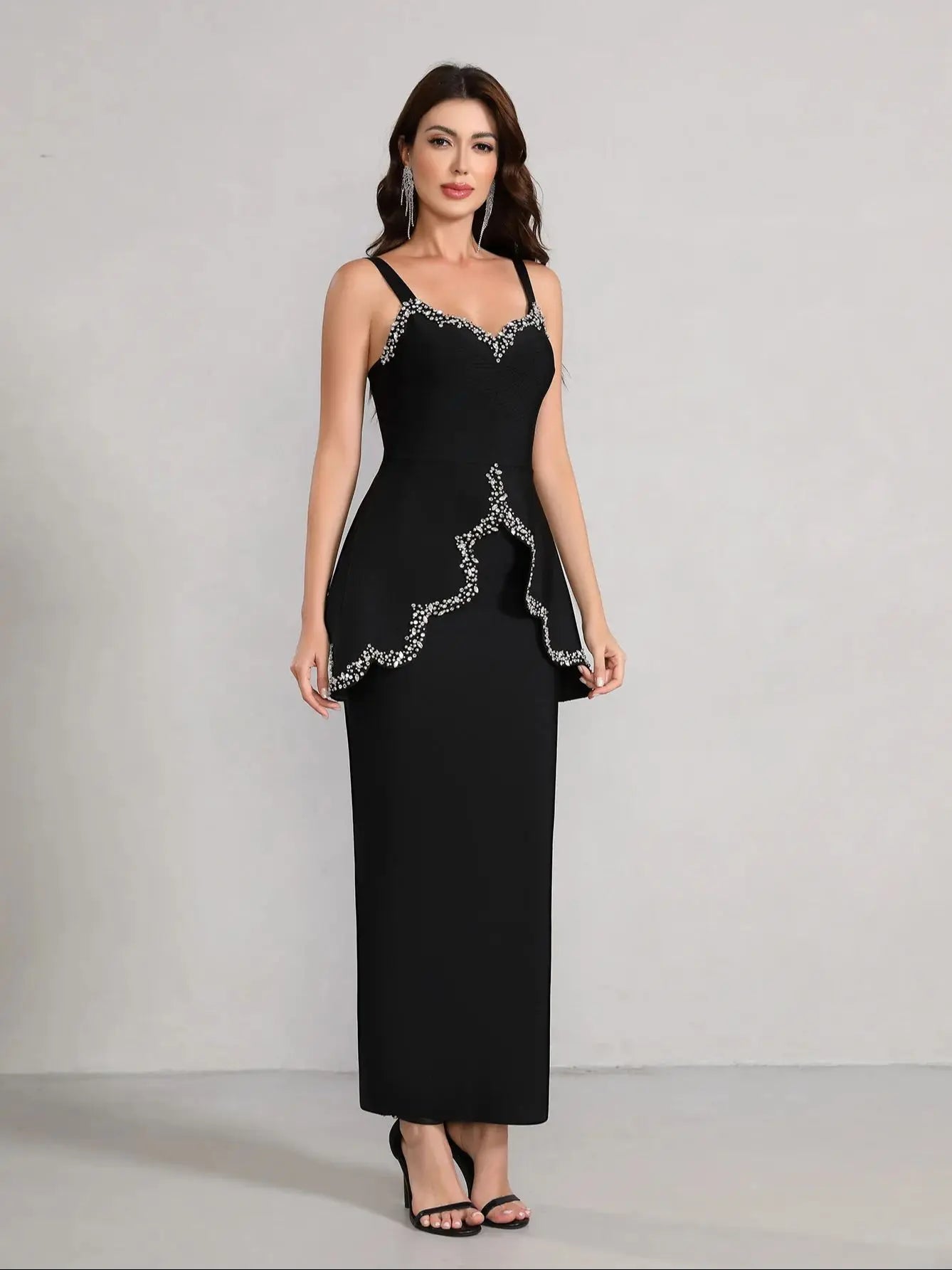 Elegant V Neck Beaded Black Bodycon Maxi Dress VestiVogue