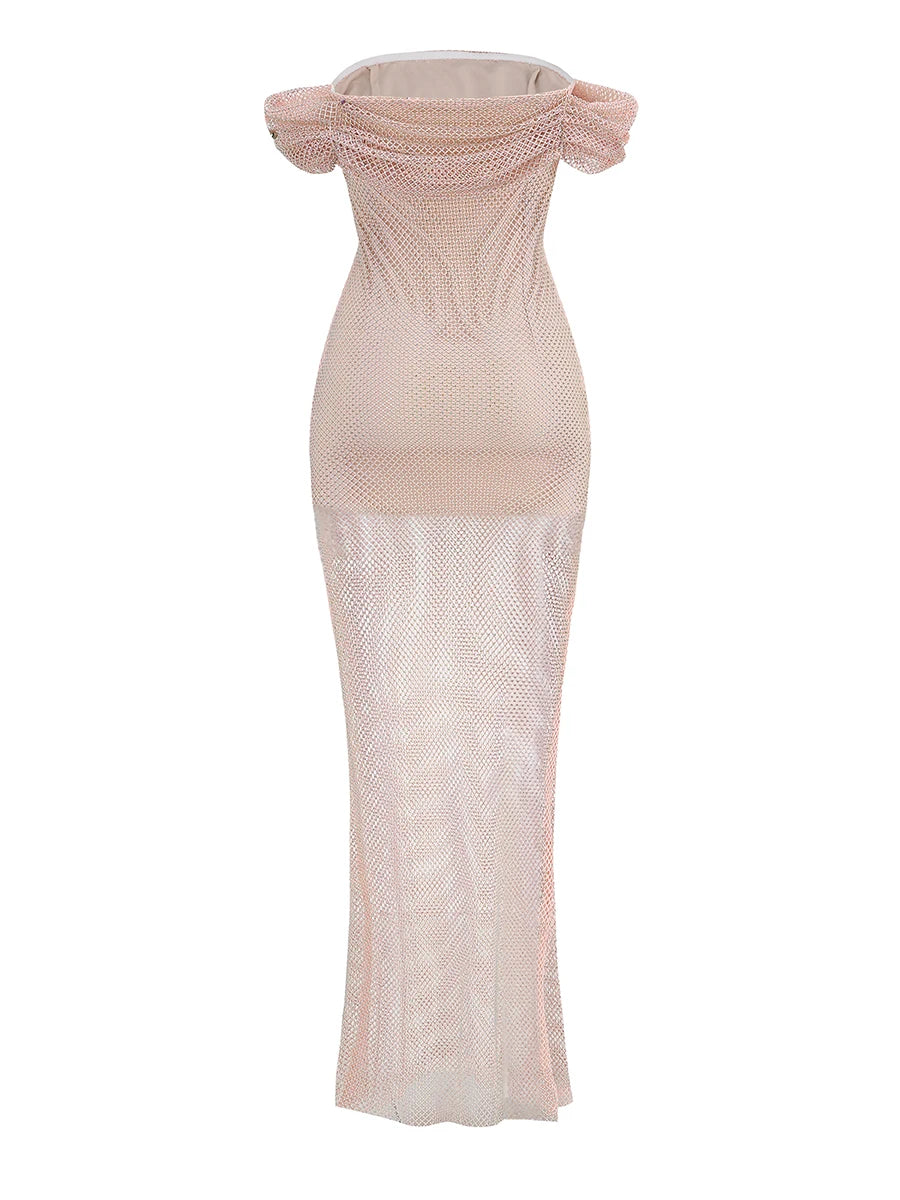 Luxury Crystal Diamonds Nude Long Maxi Dress VestiVogue