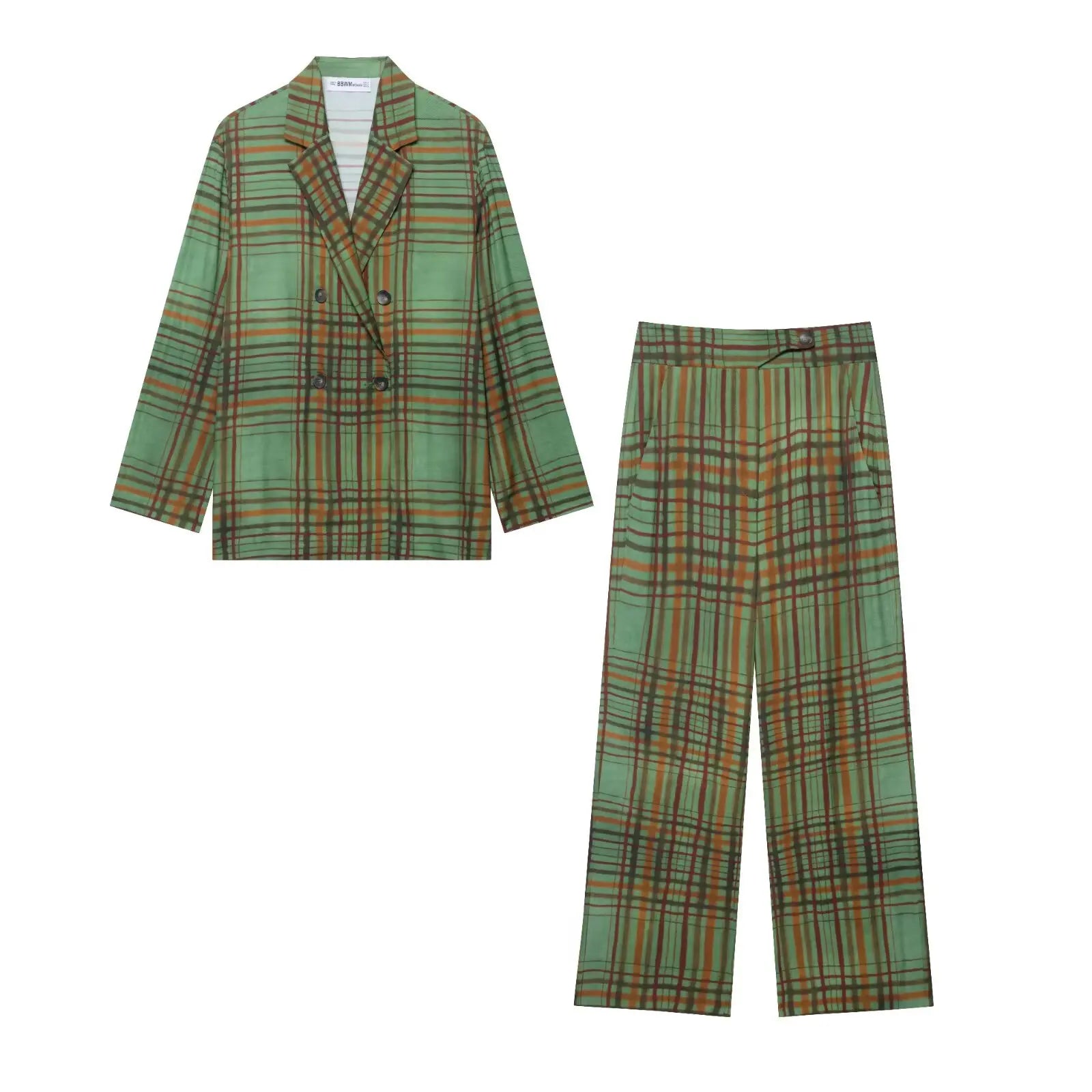 Plaid Double Breasted Blazer & Wide-Leg Trousers Set VestiVogue green L