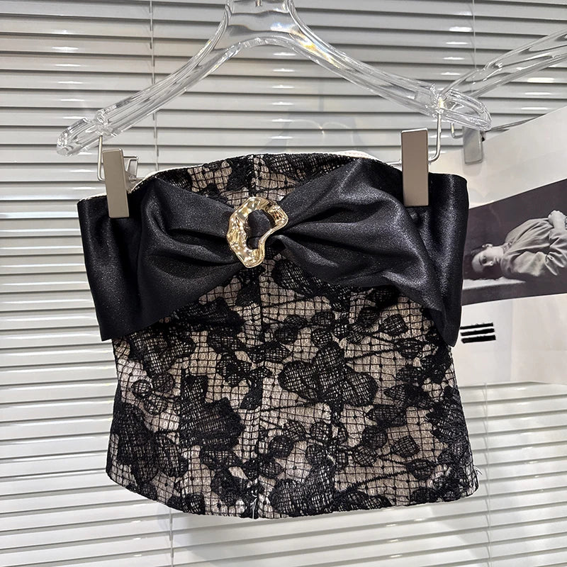 Bow Lace Strapless Top & Ribbon-Wrapped Mini Skirt Set VestiVogue