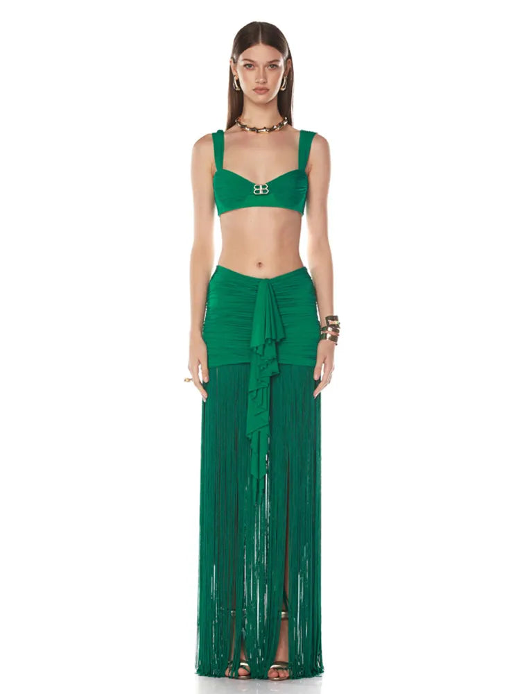 Elegant Green Ruched Maxi Two-Piece Skirt Set with Tassels VestiVogue