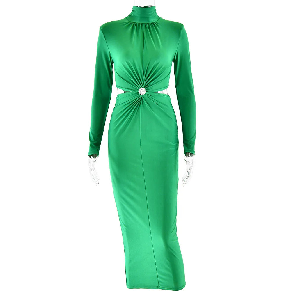 Elegant Hollow Out Turtleneck Bodycon Maxi Dress VestiVogue