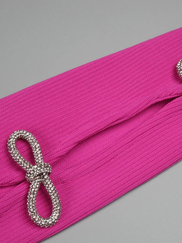 Hot Pink Crystal Bow Tie Long Sleeve Maxi Dress VestiVogue