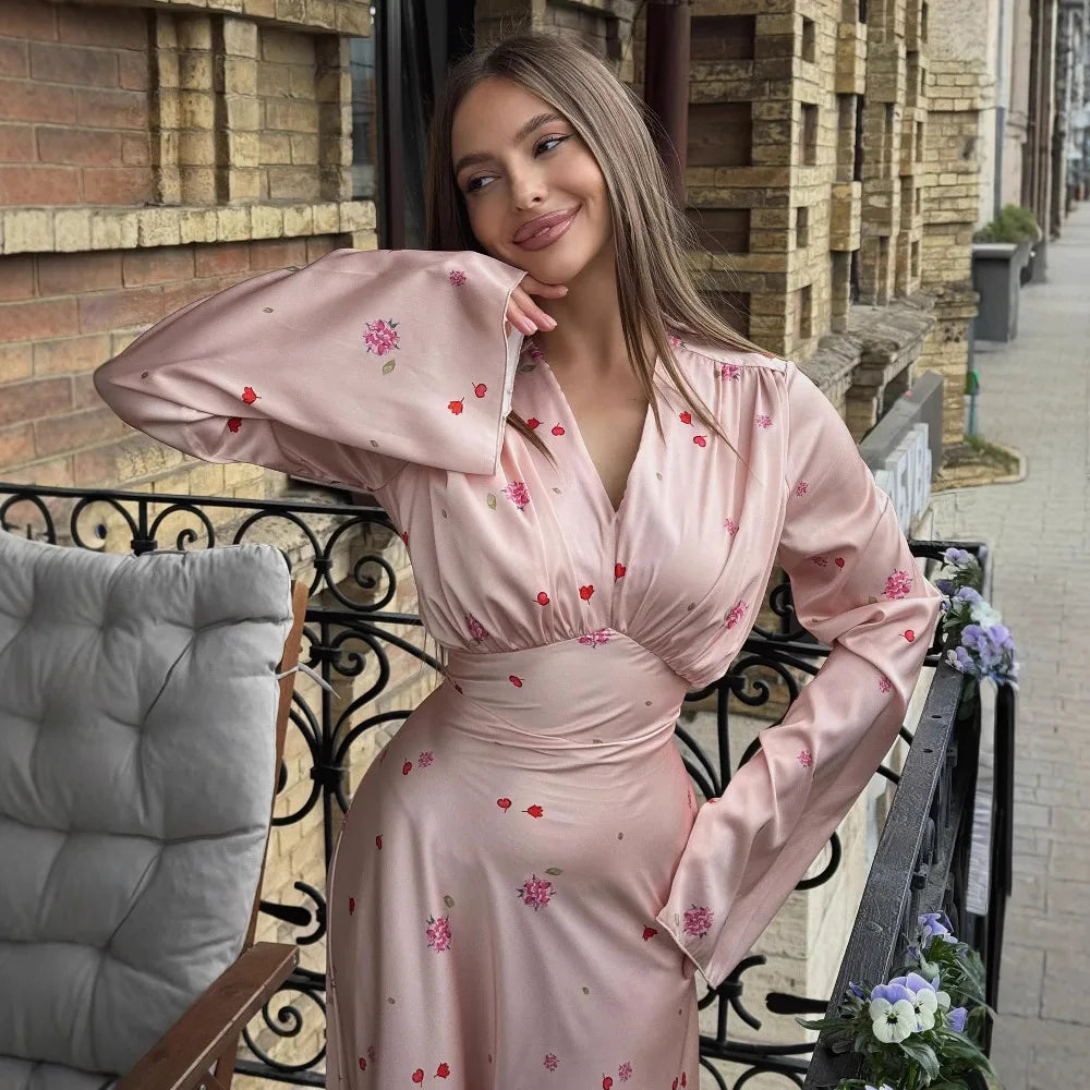 Elegant Printed Satin Pleated V-Neck Long Dress VestiVogue