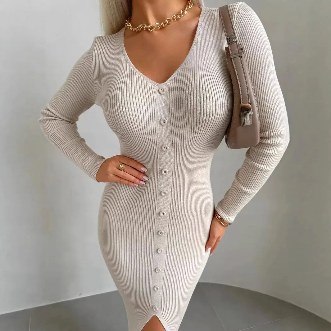 Sophisticated Knitted V-Neck Midi Dress with Long Sleeves VestiVogue