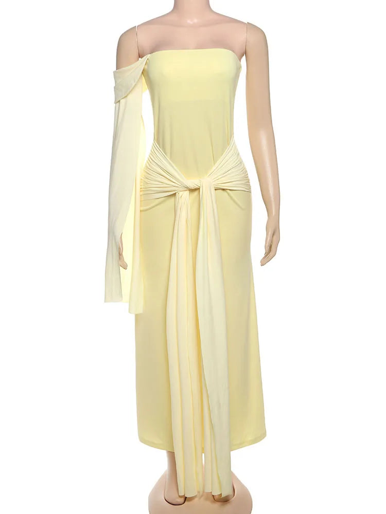 Colour-Block One-Shoulder Bell Sleeve Dress VestiVogue