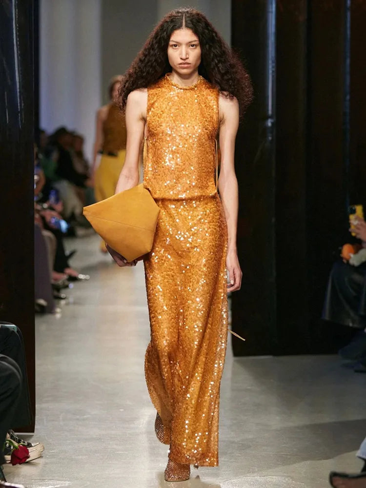 Elegant Orange Mesh Sequin Maxi Skirt Set VestiVogue