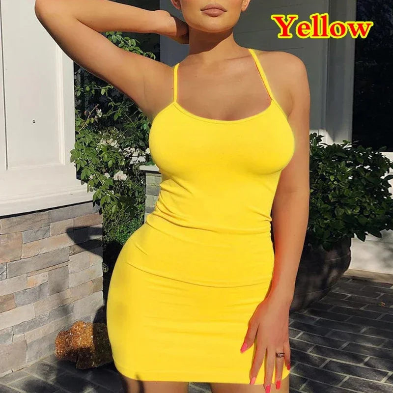 Black Mini Bodycon Spaghetti Strap Dress VestiVogue Yellow S