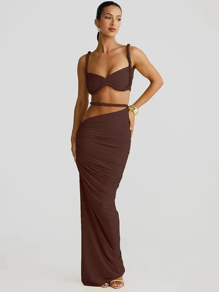 Backless Ruched Bra and Long Skirt Set VestiVogue Coffee L