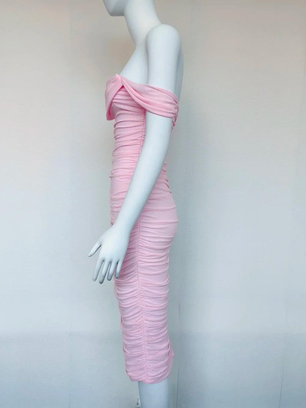 Draped Off-Shoulder Bodycon Dress with Side Split VestiVogue