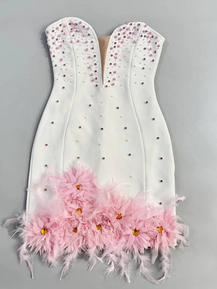 Strapless Backless White Beaded Floral Bodycon Mini Dress VestiVogue