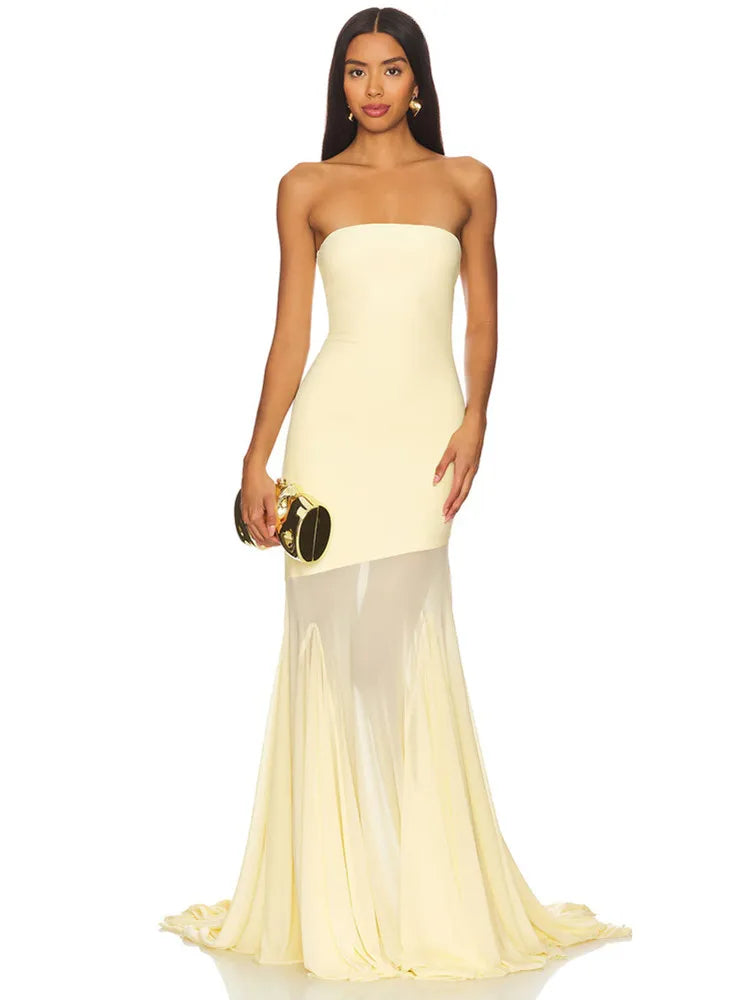 Chic Strapless Yellow Mesh Maxi Gown VestiVogue