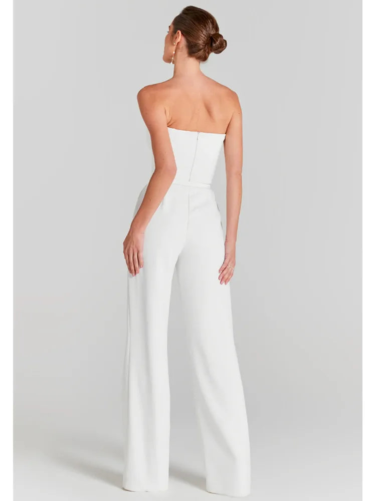 Pearl White Long Sleeve Bodycon Jumpsuit with Flare Pants VestiVogue